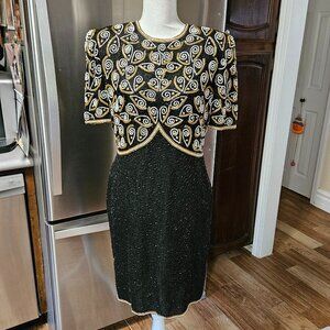 Vintage 90s Brilliante by J.A. Dress Women's Large Black Silk Beaded Gold/Pearl